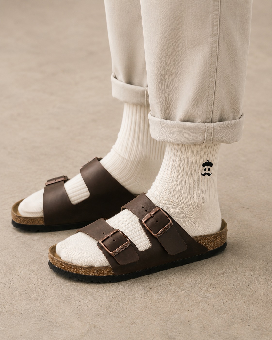 Sockrebleu socks worn with Birkenstock sandals and cropped trousers